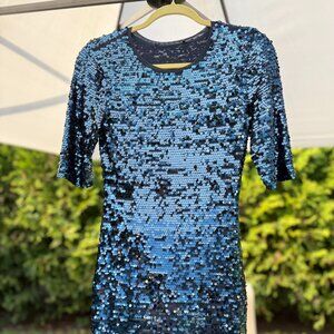BCBG Blue Sequin Cocktail Dress – Short Sleeve Sparkle Party Mini